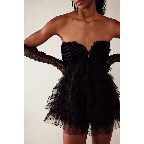 For Love & Lemons Jourdan Off the Shoulder Mini Dress Black w/ Gloves size M - Picture 5 of 16